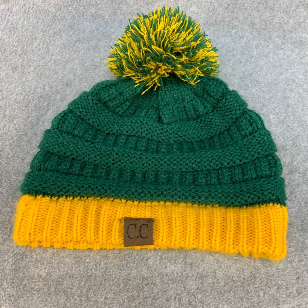 Two Tone Green Yellow Womens C.C Beanie Cable Knit Pom Pom Hat OSFM